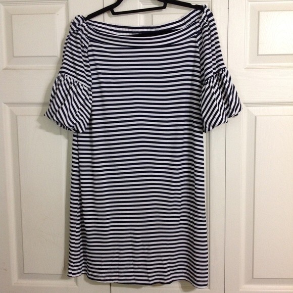 DONNA MORGAN Size 8 Navy Blue White Striped Off Shoulder Balloon Sleeve Dress - Picture 1 of 5